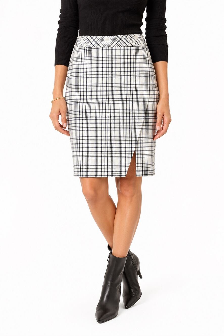 BANANA REPUBLIC Plaid Straight Pencil Skirt White Blue Windowpane Slit | Size 2